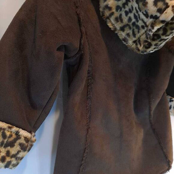OshKosh B'gosh Girls Basic Coat Brown Leopard Hooded Mid-Length Long Sleeve 4 - Picture 5 of 10